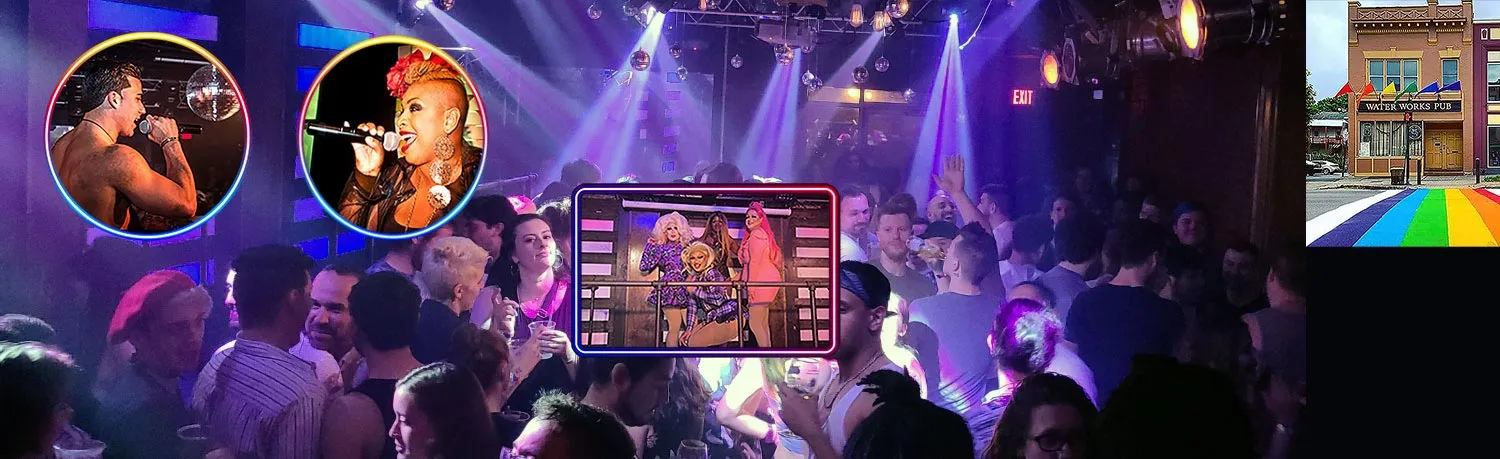 Nightclub dance floor with performers and photo of exterior of building